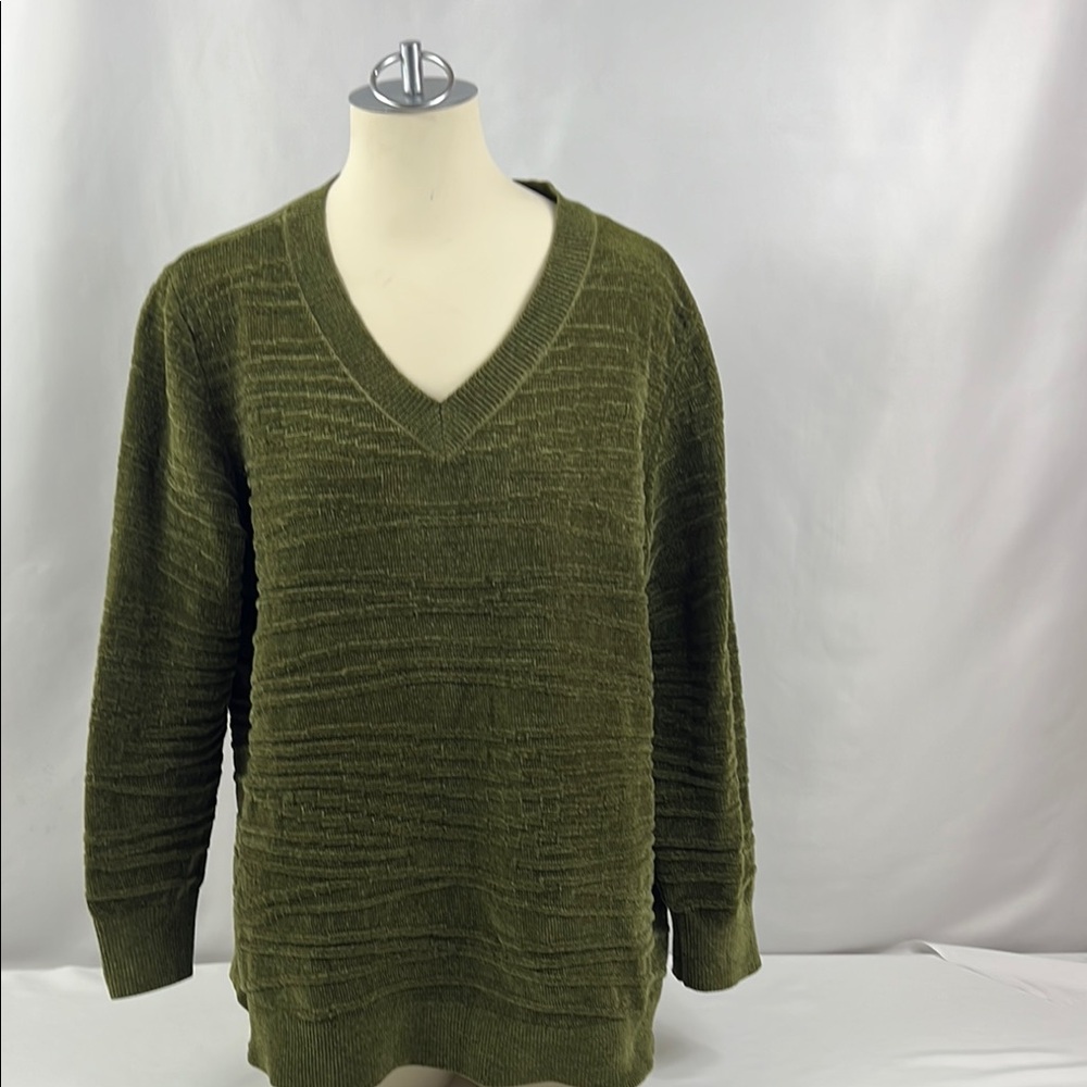 AnyBody Olive Green Chenille V-Neck‎ 3D Textured Long Sleeve Sweater Size L